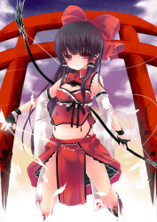 Rule 34 | 1girl, alternate costume, black hair, bow, bow (weapon), breasts, cleavage, detached sleeves, fingerless gloves, gloves, hair bow, hair ribbon, hair tubes, hakurei reimu, holding, ichiru (yuzu-an), long hair, looking at viewer, navel, nontraditional miko, purple eyes, ribbon, small breasts, smile, solo, torii, touhou, weapon