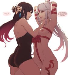Rule 34 | 2girls, arms up, asphyxiation, bdsm, beidou (genshin impact), between labia, black hair, bloopiest, blush, bondage, bound, bound arms, breasts, crotch strap, english text, eye contact, female focus, femdom, genshin impact, highres, leg tattoo, leotard, looking at another, multiple girls, naked ribbon, ningguang (genshin impact), nipples, ribbon, simple background, smile, speech bubble, strangling, strapless, strapless leotard, tattoo, white hair, yuri, zipper, zipper pull tab