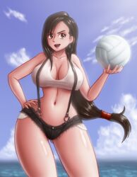 Rule 34 | 1girl, ball, black hair, black shorts, breasts, brown eyes, ear piercing, earrings, female focus, final fantasy, final fantasy vii, holding, holding ball, huge breasts, jewelry, long hair, piercing, saf-404, safartwoks, safartworks, short shorts, shorts, solo, square enix, suspenders, tank top, thighs, tifa lockhart, volleyball (object), white tank top, wide hips