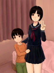 Rule 34 | 1boy, 1girl, black hair, brown hair, curtains, freckles, frown, indoors, skirt, smile, source request, v
