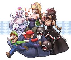 Rule 34 | 2boys, 3girls, absurdres, armlet, black hair, blonde hair, blue dress, blue eyes, blush stickers, boo (mario), bowsette, bracelet, breasts, chain chomp, choker, cleavage, dragging, dress, facial hair, fire, fleeing, green shirt, heart, heart-shaped eyes, highres, huge filesize, jewelry, large breasts, long hair, looking at another, luigi, luigi&#039;s mansion, mario, mario (series), multiple boys, multiple girls, mustache, necklace, nintendo, overalls, pointy ears, princess chain chomp, princess king boo, purple eyes, red shirt, sharp teeth, shirt, spiked armlet, spiked bracelet, spiked shell, spikes, teeth, white hair