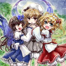 Rule 34 | 3girls, black hair, blonde hair, bloomers, blush, bow, brown eyes, brown hair, chestnut mouth, drill hair, fairy wings, female focus, green eyes, hair bow, holding hands, luna child, multiple girls, nanashii (soregasisan), red eyes, star sapphire, sunny milk, touhou, twintails, underwear, wings