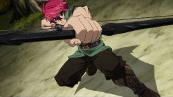 Rule 34 | 10s, animated, animated gif, arrow (projectile), blood, bow, brown gloves, fighting, gloves, lowres, madan no ou to vanadis, multiple boys, red eyes, red hair, tigrevurmud vorn