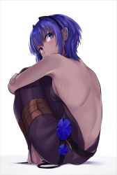 Rule 34 | 1girl, absurdres, ankle wrap, ass, back, back focus, bare shoulders, barefoot, black gloves, blush, breasts, dark-skinned female, dark skin, fate/prototype, fate/prototype: fragments of blue and silver, fate (series), flower, gloves, hairband, hassan of serenity (fate), highres, looking at viewer, looking back, monobe tsukuri, purple eyes, purple hair, short hair, simple background, single toe, sitting, small breasts, solo, toeless legwear, toes, white background