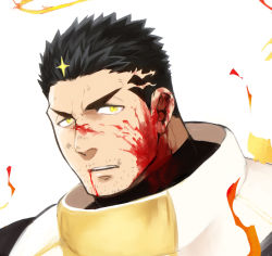 Rule 34 | 1boy, bad id, bad pixiv id, black hair, blood, blood from mouth, blood on face, close-up, cropped torso, facial hair, fire, flaming halo, halo, male focus, manly, muscular, po fu, portrait, short hair, simple background, solo, stubble, tokyo houkago summoners, upper body, white background, yellow eyes, zabaniyya (housamo)