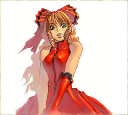 Rule 34 | :d, asymmetrical clothes, bare shoulders, bow, dress, drill hair, earrings, elbow gloves, gloves, green eyes, hair bow, jewelry, joan kartright, kim hyung tae, long hair, official art, open mouth, orange hair, ribbon, simple background, single elbow glove, single glove, smile, softmax, solo, the war of genesis, the war of genesis iii, turtleneck, twin drills