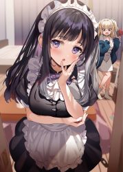 Rule 34 | 2girls, bed, black dress, black hair, blonde hair, blush, curtains, dress, floor, frilled dress, frills, hand on own face, highres, holding, indoors, kanda done, kotatsu, long hair, looking at viewer, maid, maid headdress, multiple girls, nintendo switch, open mouth, original, purple eyes, short sleeves, side ponytail, standing, table, white dress