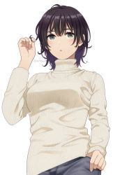 Rule 34 | 1girl, :o, black hair, blush, breasts, brown eyes, eyebrows hidden by hair, hair between eyes, hand up, long sleeves, mattaku mousuke, original, parted lips, ribbed sweater, ruffling hair, simple background, small breasts, solo, sweater, twitter username, upper body, white background, white sweater