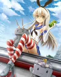 Rule 34 | &gt; &lt;, 10s, 1girl, :3, af-henrytz, black panties, blonde hair, boots, closed eyes, elbow gloves, gloves, green eyes, grey footwear, hairband, highres, kantai collection, long hair, looking at viewer, navel, panties, pantyshot, rensouhou-chan, shimakaze (kancolle), skirt, striped clothes, striped thighhighs, thighhighs, underwear, upskirt, | |, || ||