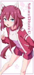 Rule 34 | 1girl, absurdres, animal ears, blue eyes, blush, character name, commentary request, flower, gym uniform, hair between eyes, hair flaps, hair flower, hair ornament, highres, horse ears, horse tail, jacket, looking at viewer, open clothes, pink hair, pointing, sakura chiyono o (umamusume), shorts, simple background, solo, tail, tracen training uniform, track jacket, umamusume, white background, yaya eshage