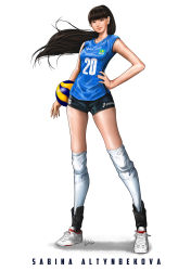 Rule 34 | 1girl, asics, bad id, bad pixiv id, ball, black shorts, blue shirt, character name, clothes writing, female focus, hand on own hip, highres, holding, holding ball, jersey, kazakhstan, kneehighs, long hair, looking at viewer, ponytail, real life, sabina altynbekova, shirt, shirt writing, short shorts, shorts, simple background, socks, solo, sportswear, standing, volleyball (object), volleyball uniform, white background, white footwear, white socks, yarvel