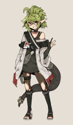 Rule 34 | 1girl, ahoge, black choker, boots, bra strap, choker, collarbone, earpiece, elbow gloves, female focus, full body, glasses, gloves, green hair, grin, hand up, heels, high heel sandals, high heels, highres, id card, kyva yamaito (shuuko), lab coat, looking at viewer, original, pantyhose, pencil behind ear, pointy ears, ponytail, red eyes, round eyewear, sandals, shuuko (s h uuko), simple background, smile, snake tail, solo, tail, tail strap, tank top, thigh strap, toeless footwear, toes, torn clothes, torn pantyhose