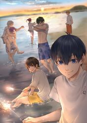 Rule 34 | 6+boys, :p, bachira meguru, black eyes, black hair, blonde hair, blue eyes, blue hair, blue lock, blue shorts, carrying, chigiri hyoma, closed eyes, closed mouth, colored inner hair, cst, fireworks, full body, hands in pockets, highres, holding, isagi yoichi, itoshiki rin, kunigami rensuke, looking at viewer, male focus, mikage reo, multicolored hair, multiple boys, nagi seishirou, orange hair, orange shorts, outdoors, piggyback, ponytail, purple hair, red hair, shirt, short hair, short sleeves, shorts, sitting, smile, sparkler, standing, tongue, tongue out, topless male, two-tone hair, upper body, white hair, white shirt, yellow shorts