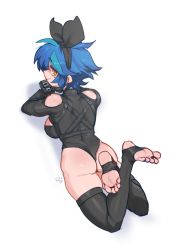 Rule 34 | 1girl, ass, bare shoulders, black gloves, black leotard, black thighhighs, blue hair, blue nails, breasts, closed mouth, dif (difman), difman, gloves, headband, highres, legs up, leotard, long sleeves, looking at viewer, lying, mole, mole under eye, nail polish, on stomach, original, short hair, sideboob, simple background, smile, solo, stirrup legwear, thighhighs, toeless legwear, toes, white background, yellow eyes