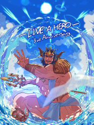 Rule 34 | 1boy, abs, absurdres, alphecca (live a hero), anniversary, armor, bara, beard, blue hair, copyright name, crown, english text, facial hair, highres, holding, holding trident, holding weapon, horns, large pectorals, live a hero, magic, male focus, muscular, muscular male, navel, nipples, one eye closed, open mouth, pectorals, polearm, rybiok, short hair, shoulder armor, smile, solo, splashing, thick thighs, thighs, trident, water, weapon