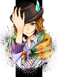 Rule 34 | 1boy, bad id, bad pixiv id, black hat, brown eyes, brown hair, dress shirt, feathers, flower, gremlin (kamen rider wizard), hat, hat flower, kamen rider, kamen rider wizard (series), long sleeves, looking at viewer, male focus, peco yuyu, scarf, shirt, sleeves rolled up, smile, solo, upper body, vest