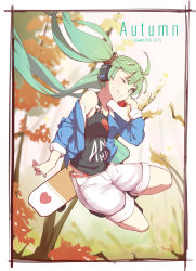 Rule 34 | 1girl, 2016, ;), ahoge, aqua hair, arm at side, autumn, bare shoulders, black footwear, blue jacket, blurry, boots, border, bow, breasts, clothes writing, dated, depth of field, english text, eyelashes, floating hair, full body, green eyes, green hair, hair ornament, hand on headphones, hatsune miku, headphones, heart, highres, jacket, jumping, long hair, looking at viewer, medium breasts, off shoulder, one eye closed, open clothes, open jacket, outdoors, shorts, skateboard, sleeves rolled up, smile, solo, tree, twintails, very long hair, vocaloid, white bow, white shorts, zhayin-san