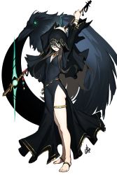 Rule 34 | 1girl, absurdres, asaari (shisaiya), barefoot, bird, black dress, black hair, black nails, breasts, crow, distr, dress, dungeons &amp; dragons, facial mark, full body, green eyes, hands up, highres, holding, holding staff, hood, hood up, jewelry, long hair, looking at viewer, nail polish, necklace, original, parted lips, robe, side slit, signature, simple background, skinny, small breasts, solo, staff, standing, thighlet, toenail polish, toenails, v-neck, white background