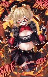 1girl black_gloves black_jacket black_shirt black_skirt black_thighhighs blonde_hair breasts burnice_white crop_top eyewear_on_head fingerless_gloves fire glasses gloves highres holding holding_weapon jacket large_breasts looking_at_viewer medium_breasts midriff navel one_eye_closed red-tinted_eyewear red_eyes shirt skirt smile solo stomach thighhighs tinted_eyewear tongue tongue_out ulularts weapon zenless_zone_zero