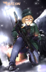 Rule 34 | 1girl, assault rifle, ayyh, blonde hair, breath, bullet hole, car, checking watch, copyright name, eotech, firing, foregrip, glasses, gloves, green jacket, gun, h&amp;k hk416, heckler &amp; koch, highres, holster, jacket, knee pads, motor vehicle, on one knee, open mouth, red eyes, rifle, snow, snowing, solo, suppressor, thigh holster, tom clancy&#039;s the division, turret, vehicle, watch, weapon, winter