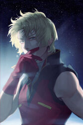 Rule 34 | 1boy, backlighting, blonde hair, blue eyes, char aznable, commentary request, covered mouth, gloves, gundam, hand up, high collar, highres, jacket, looking at viewer, male focus, night, night sky, outdoors, quattro bajeena, red gloves, red jacket, short hair, sky, sleeveless, sleeveless jacket, solo, star (sky), starry sky, upper body, ususio 11, zeta gundam