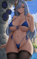 Rule 34 | 1girl, alternate costume, bikini, black thighhighs, blue bikini, blush, breasts, cameltoe, cleavage, cleft of venus, closed mouth, collarbone, commentary, cowboy shot, english commentary, english text, genshin impact, gluteal fold, green eyes, grey hair, hair ornament, hand up, highres, large breasts, long hair, looking at viewer, navel, outdoors, shenhe (genshin impact), side-tie bikini bottom, skindentation, smile, solo, swimsuit, thigh gap, thighhighs, thighs, underboob, zaphn