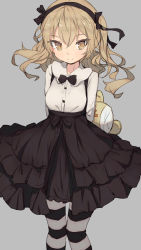 Rule 34 | 10s, 1girl, arms behind back, bandages, black skirt, blush, boko (girls und panzer), bow, bowtie, breasts, brown eyes, brown hair, girls und panzer, hair ribbon, hairband, highres, long hair, long sleeves, looking at viewer, pantyhose, ribbon, shimada arisu, shirt, shone, side ponytail, simple background, sketch, skirt, small breasts, smile, solo, striped clothes, striped pantyhose, stuffed animal, stuffed toy, suspender skirt, suspenders, teddy bear, white shirt