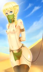 Rule 34 | 1girl, armlet, arms behind back, bad id, bad pixiv id, bdsm, blonde hair, blue eyes, blush, bondage, boots, bound, box tie, braid, breasts, brown thighhighs, collar, earrings, harem outfit, highres, hyrule warriors, jewelry, leash, leather, leather boots, linkle, loincloth, long hair, looking at viewer, navel, nintendo, nipple piercing, nipple rings, nipples, open mouth, pelvic curtain, piercing, pointy ears, purple mii, sidelocks, slave, small breasts, solo, sweat, tattoo, the legend of zelda, thigh boots, thighhighs, topless, twin braids, veil