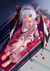 Rule 34 | 1girl, basket, bat wings, black wings, blue background, blue hair, coffin, fingernails, flower, from above, full body, gradient background, hair between eyes, hand up, light blue hair, long sleeves, looking at viewer, nightgown, one eye closed, open mouth, petals, red eyes, red flower, red rose, remilia scarlet, ribbon trim, rose, rose petals, short hair, sitting, solo, striped, toenails, touhou, waking up, wings, yuki (popopo)