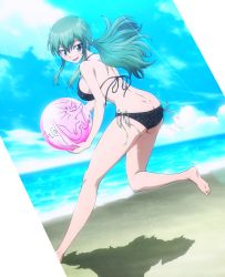 Rule 34 | 1girl, absurdres, ass, ball, bare arms, beach, beachball, bikini, blue sky, bra, breasts, carrying, cloud, day, eyebrows hidden by hair, facing viewer, fairy tail, floating hair, full body, green eyes, green hair, hair between eyes, hair tie, happy, highres, hisui e. fiore, holding, holding ball, holding beachball, large breasts, light rays, looking at viewer, looking back, matching hair/eyes, ocean, open mouth, outdoors, panties, ponytail, princess, running, sand, screencap, shadow, side-tie bikini bottom, side-tie panties, sideboob, sky, smile, solo, stitched, string bikini, sunbeam, sunlight, swimsuit, third-party edit, tongue, underwear, water