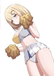 Rule 34 | 1girl, absurdres, alternate costume, blonde hair, blue eyes, breasts, cleavage, closed mouth, commentary, crop top, embarrassed, hair ornament, highres, holding, holding pom poms, hololive, hololive english, large breasts, looking at viewer, microskirt, midriff, mole, mole on breast, navel, panties, pom pom (cheerleading), pom poms, short hair, simple background, skaarl (artist), skirt, solo, stomach, thighs, underwear, virtual youtuber, watson amelia, white background, white panties, white skirt
