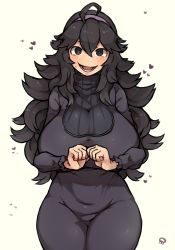 Rule 34 | 1girl, @ @, ahoge, alternate breast size, black eyes, black hair, breasts, commentary, creatures (company), cropped legs, dress, game freak, headband, heart, hex maniac (pokemon), highres, large breasts, long dress, long hair, looking at viewer, nintendo, own hands together, pokemon, pokemon xy, purple headband, ribbed sweater, simple background, smile, solo, standing, sweater, umitsuki (kurage no shokushu), white background