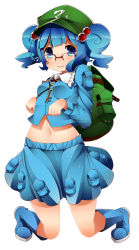 Rule 34 | 1girl, backpack, bad id, bad pixiv id, bag, bespectacled, blue eyes, blue hair, boots, female focus, full body, glasses, hair bobbles, hair ornament, hat, kawashiro nitori, key, kinakomoti, looking at viewer, matching hair/eyes, navel, simple background, skirt, smile, solo, touhou, twintails, two side up, white background