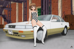 Rule 34 | 1girl, absurdres, acrux, alternate costume, artist logo, bare shoulders, black leotard, blurry, blurry background, boots, brown eyes, brown hair, checkered leotard, closed mouth, commentary, dated, depth of field, english commentary, freckles, girls und panzer, highres, holding, holding wrench, indoors, leotard, looking at viewer, on vehicle, race queen, short hair, sitting, smile, solo, strapless, strapless leotard, thigh boots, toyota soarer, tsuchiya (girls und panzer), white footwear, wrench