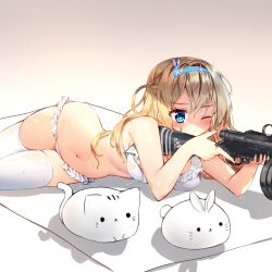 Rule 34 | 1girl, absurdres, aiming, bad id, bad twitter id, bare arms, bare shoulders, bikini, bikini day, blonde hair, blue eyes, blue hairband, blush, breasts, cat, closed mouth, commentary request, frilled bikini, frills, girls&#039; frontline, groin, gun, hair between eyes, hair ornament, hairband, highres, holding, holding gun, holding weapon, legs together, long hair, lying, medium breasts, navel, official alternate costume, on side, one eye closed, rabbit, rabbit hair ornament, shadow, simple background, snowflake hair ornament, solo, stomach, submachine gun, suomi (girls&#039; frontline), suomi (midsummer pixie) (girls&#039; frontline), suomi kp/-31, sweat, swimsuit, tandohark, thighhighs, thighs, water drop, weapon, wet, white bikini, white thighhighs