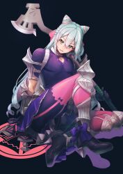 Rule 34 | 1boy, absurdres, aduti momoyama, androgynous, arm behind back, arm guards, arm support, armor, axe, black footwear, blue background, blue hair, boots, bow, clothing cutout, collar, cone hair bun, crossdressing, diamond cutout, double bun, drill hair, drop shadow, eyes visible through hair, fire emblem, fire emblem engage, footwear bow, gloves, green eyes, green pupils, hair between eyes, hair bow, hair bun, half updo, high heel boots, high heels, highres, holding, holding axe, knee pads, light blue hair, long hair, looking at viewer, male focus, metal collar, miniskirt, multicolored eyes, multicolored hair, nintendo, open mouth, orange eyes, over shoulder, pantyhose, pectoral cleavage, pectorals, pink bow, pink hair, pink pantyhose, pleated skirt, purple bow, purple gloves, purple skirt, rosado (fire emblem), short sleeves, simple background, sitting, skindentation, skirt, smile, solo, trap, two-tone hair, very long hair, weapon, weapon over shoulder