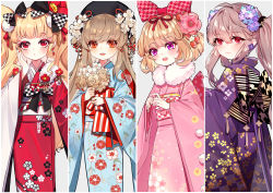 Rule 34 | 4girls, :d, ahoge, baocaizi, beret, black bow, black hat, black nails, blonde hair, blue flower, blue kimono, blush, bow, brown flower, brown hair, brown rose, checkered bow, checkered clothes, commentary request, earrings, fingernails, floral print, flower, flower earrings, food-themed hair ornament, fur collar, grey background, hair between eyes, hair bobbles, hair bow, hair flower, hair ornament, hand up, hat, head tilt, highres, holding, holding flower, japanese clothes, jewelry, kimono, light brown hair, long hair, long sleeves, looking at viewer, looking to the side, multicolored nails, multiple girls, nail polish, obi, open mouth, original, parted lips, pinching sleeves, pink bow, pink flower, pink kimono, print kimono, purple eyes, purple flower, purple kimono, purple nails, red eyes, red flower, red kimono, red nails, round teeth, sash, sleeves past wrists, smile, strawberry hair ornament, teeth, twintails, upper teeth only, very long hair, white flower, white legwear, wide sleeves