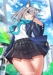 Rule 34 | 1girl, absurdres, animal ear fluff, animal ears, bag, blue archive, blue eyes, blue jacket, blue scarf, blue sky, breast pocket, breasts, cloud, covered navel, cross hair ornament, extra ears, grey hair, gun, hair ornament, halo, high-waist skirt, highres, jacket, katou shinobu, long sleeves, medium breasts, medium hair, mismatched pupils, open clothes, open jacket, plaid, plaid skirt, pleated skirt, pocket, rifle, scarf, school uniform, shiroko (blue archive), shirt, shirt tucked in, skirt, sky, solo, striped clothes, striped scarf, thighs, twitter username, wading, water, weapon, white shirt, wolf ears