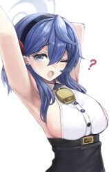 Rule 34 | 1girl, ?, ako (blue archive), armpits, bag (chrko bag), bell, black hairband, black skirt, blue archive, blue eyes, blue hair, blue halo, blush, breasts, buttons, hair between eyes, hairband, halo, large breasts, long hair, looking at viewer, neck bell, one eye closed, open mouth, shirt, sideboob, simple background, skirt, sleeveless, sleeveless shirt, solo, upper body, white background, white shirt