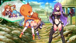 Rule 34 | 3girls, ass, bdsm, blue hair, breasts, brown hair, choker, choujigen game neptune, choujigen taisen neptune vs sega hard girls, cleavage, closed eyes, closed mouth, clothes pull, day, earrings, elbow gloves, female focus, femdom, flat chest, gloves, hair between eyes, hand on own hip, if (neptunia), iris heart, jewelry, long hair, multiple girls, neptune (series), open mouth, outdoors, panties, path, pururut, red eyes, restrained, revealing clothes, road, saliva, scared, sega hatsumi, striped clothes, striped panties, thighhighs, underwear, very long hair, whip marks, whipped, whipping, yellow panties, yuri