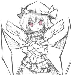 Rule 34 | 1girl, bad id, bad pixiv id, bat wings, belt, bodysuit, cosplay, cowboy shot, crossed arms, crossover, dual wielding, earrings, female focus, gauntlets, gun, hat, hat ribbon, holding, jewelry, light smile, looking at viewer, mob cap, monochrome, navel, overwatch, overwatch 1, parted lips, reaper (overwatch), reaper (overwatch) (cosplay), red eyes, remilia scarlet, ribbon, short hair, shotgun, simple background, sketch, solo, spot color, sseopik, touhou, tsurime, weapon, white background, wings