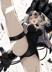 Rule 34 | 1girl, :d, animal ears, arknights, black panties, breasts, china dress, chinese clothes, cleavage, cleavage cutout, clothing cutout, dress, eyewear on head, feater (arknights), ganesagi, hand up, highres, jacket, large breasts, leg up, legs, long hair, looking at viewer, mechanical arms, multicolored hair, off shoulder, open clothes, open jacket, open mouth, orange eyes, panties, pantyshot, puffy sleeves, round eyewear, silver hair, smile, solo, sunglasses, sunglasses on head, thigh strap, thighs, two-tone hair, underwear, w, white background, white jacket