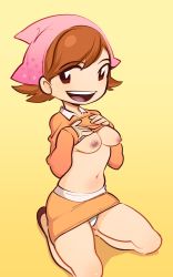 Rule 34 | 1girl, bad id, bad tumblr id, blush, breasts, brown eyes, brown footwear, brown hair, clothes lift, cooking mama, female focus, full body, glacier clear, hands on own chest, hands up, head scarf, highres, kneeling, lifting own clothes, long sleeves, mama (cooking mama), medium breasts, miniskirt, no bra, open mouth, orange shirt, orange skirt, panties, pantyshot, shirt, shirt lift, shoes, short hair, simple background, sitting, skirt, smile, solo, teeth, underwear, upskirt, white panties, yellow background