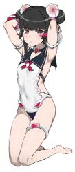 Rule 34 | 1girl, absurdres, armpits, arms behind head, black hair, blush, breasts, closed mouth, flower, groin, hair flower, hair ornament, highres, kneeling, looking at viewer, red eyes, senki zesshou symphogear, shiny skin, simple background, small breasts, solo, tsukuyomi shirabe, white background