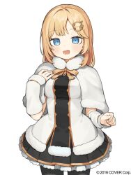 Rule 34 | 1girl, :d, black pantyhose, black skirt, blonde hair, blue eyes, blush, bow, breasts, brown bow, capelet, copyright notice, cosplay, dress, fur-trimmed capelet, fur-trimmed dress, fur trim, hair ornament, hand up, highres, hololive, hololive english, love live!, love live! school idol project, medium breasts, official art, open mouth, pantyhose, pleated skirt, seramikku, simple background, skirt, smile, snow halation, solo, virtual youtuber, watson amelia, white background, white capelet, white dress
