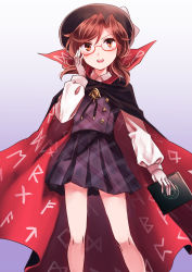 Rule 34 | 1girl, absurdres, asada ryou, blush, book, brown eyes, brown hair, cape, glasses, gloves, gradient background, hat, highres, long sleeves, low twintails, magic circle, open mouth, plaid, plaid skirt, plaid vest, red-framed eyewear, shirt, short hair, skirt, skirt set, smile, solo, touhou, twintails, usami sumireko, vest, white gloves