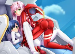 Rule 34 | 10s, 2girls, ass, blue hair, blush, bodysuit, boots, breasts, cockpit, darling in the franxx, green eyes, hairband, horns, ichigo (darling in the franxx), long hair, looking at viewer, multiple girls, pink hair, red bodysuit, shiny clothes, short hair, shouyan, skin tight, smile, very long hair, white bodysuit, zero two (darling in the franxx)