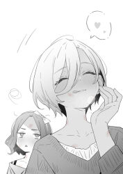 2girls bite_mark bite_mark_on_neck blush closed_eyes closed_mouth commentary earrings ebizuka_tomo girls_band_cry greyscale hand_up heart hickey highres jewelry licking long_sleeves lwmina70119 medium_hair mole mole_under_eye monochrome multiple_girls parted_lips rupa_(girls_band_cry) short_hair spoken_heart spot_color stud_earrings yuri