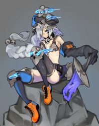 Rule 34 | 1girl, balance (superdust), black gloves, black headwear, black thighhighs, blue eyes, boots, breasts, closed mouth, commentary request, full body, gloves, grey background, grey hair, hair ornament, hat ornament, highres, knee guards, long hair, looking at viewer, metal bra, necklace, one eye covered, orange footwear, original, planted, planted sword, planted weapon, rock, simple background, sitting, skull, skull hair ornament, skull hat ornament, skull necklace, small breasts, solo, sword, thighhighs, weapon