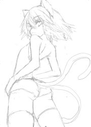 Rule 34 | 1girl, :3, animal ears, ass, back, bare shoulders, cat ears, cat tail, chen, from behind, greyscale, kuronuko neero, looking at viewer, looking back, monochrome, multiple tails, short hair, simple background, smile, solo, tail, touhou, white background